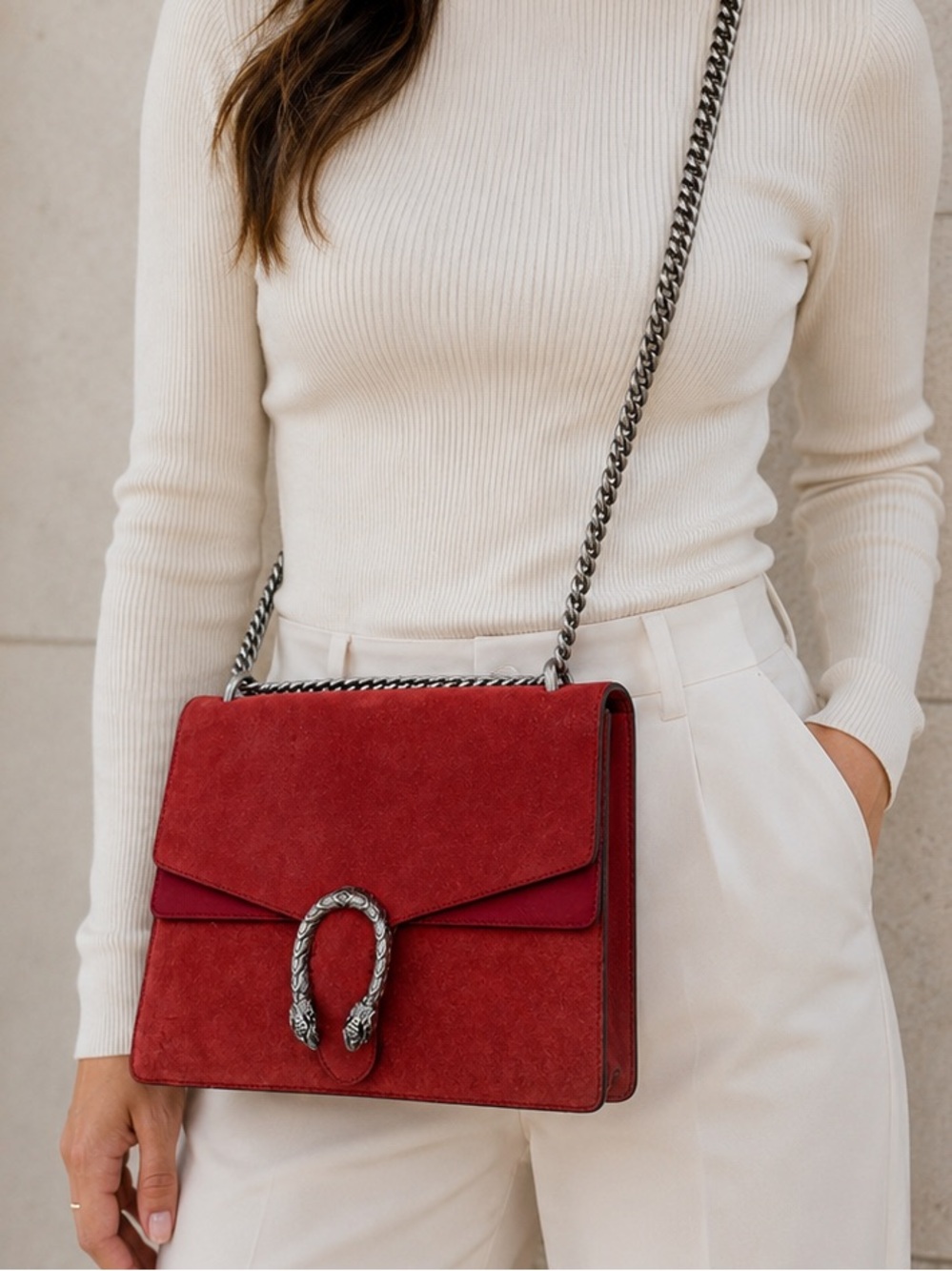 Women's Red Suede Shoulder Bag with Chain Strap - Picture 1 of 16